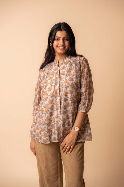 Beige Lotus Bloom Chanderi Cotton Shirt
