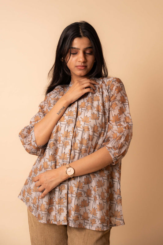 Beige Lotus Bloom Chanderi Cotton Shirt