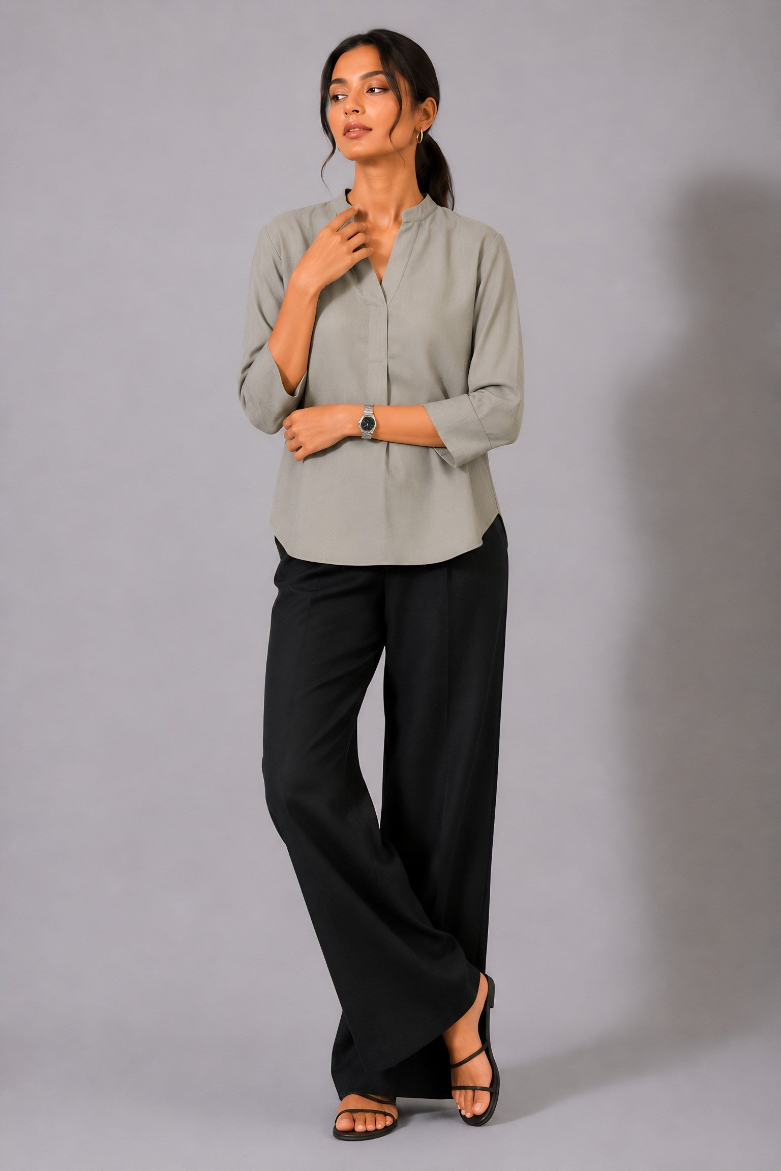 Beige Mandarin Collared Shirt