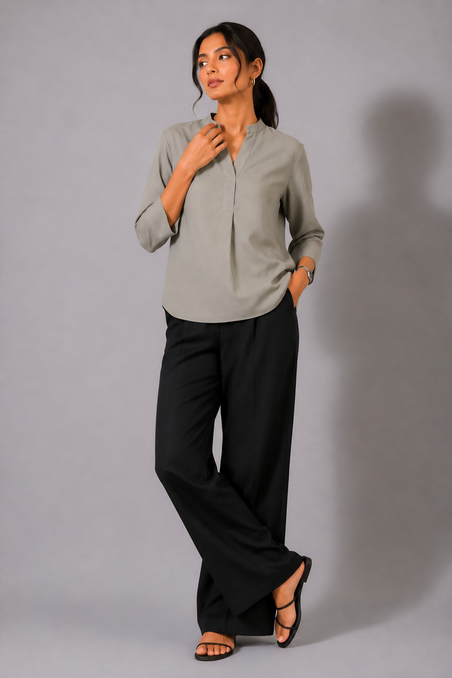 Beige Mandarin Collared Shirt