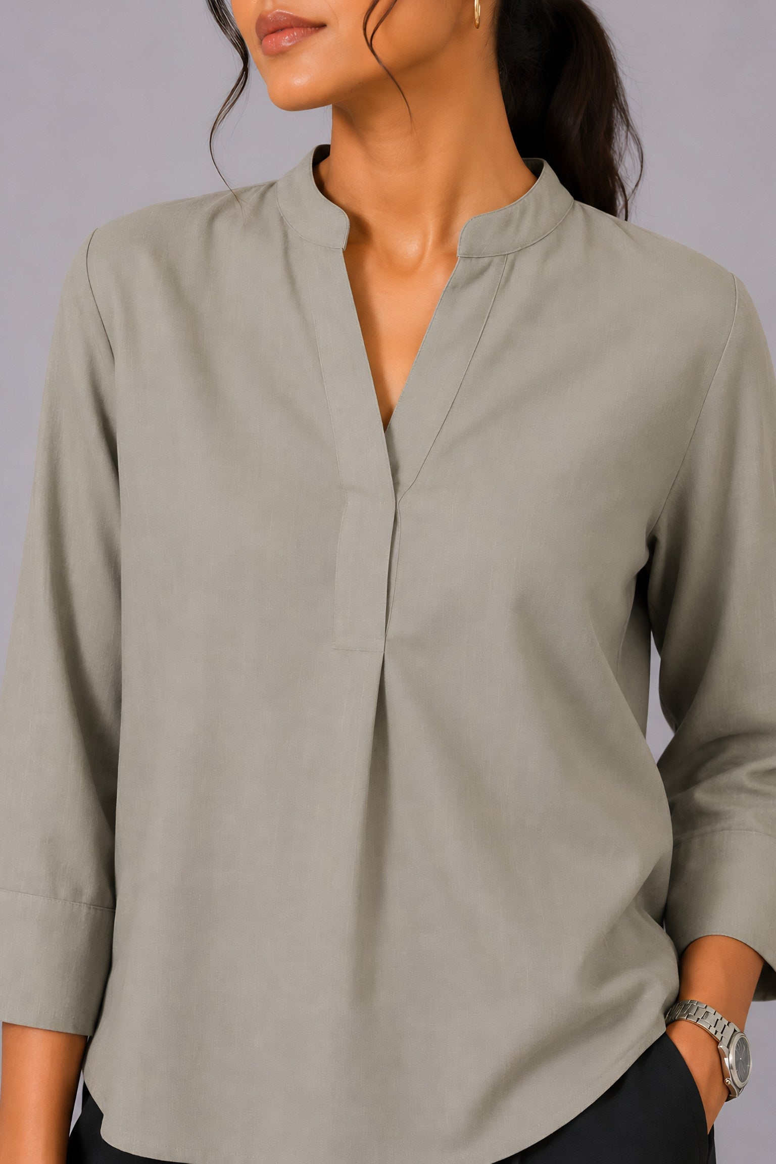 Beige Mandarin Collared Shirt