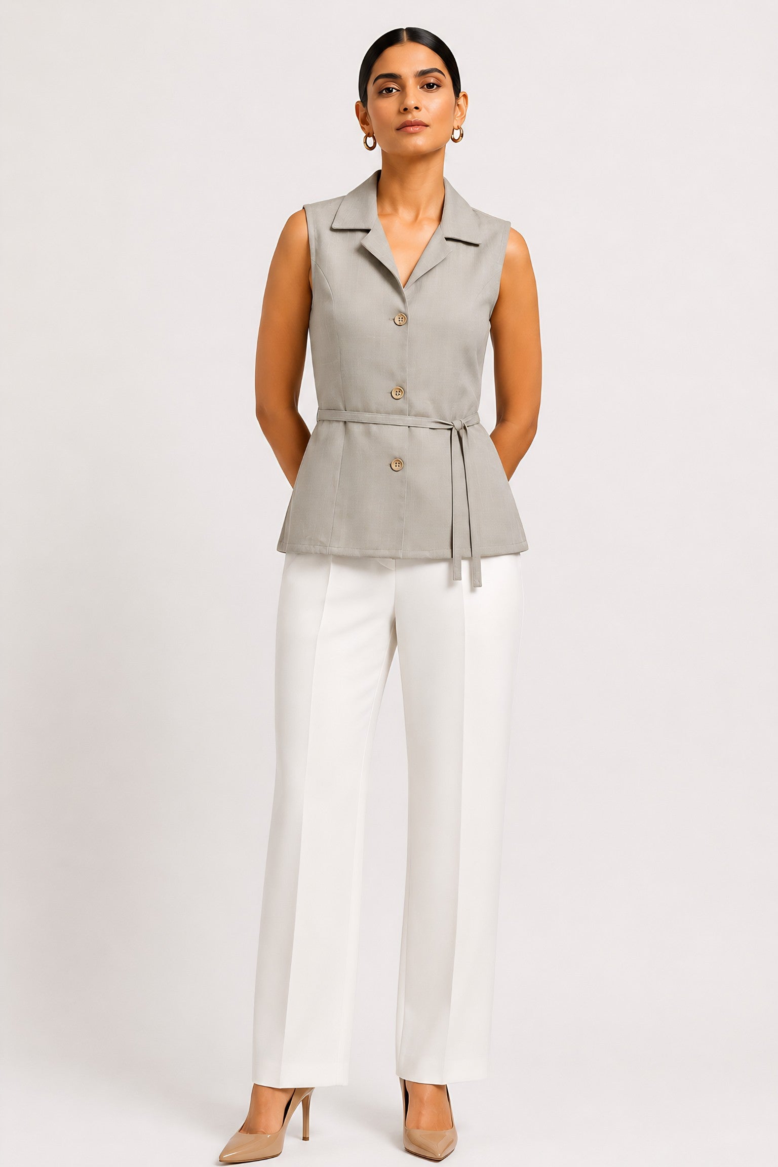 Beige Waist Tie Shirt