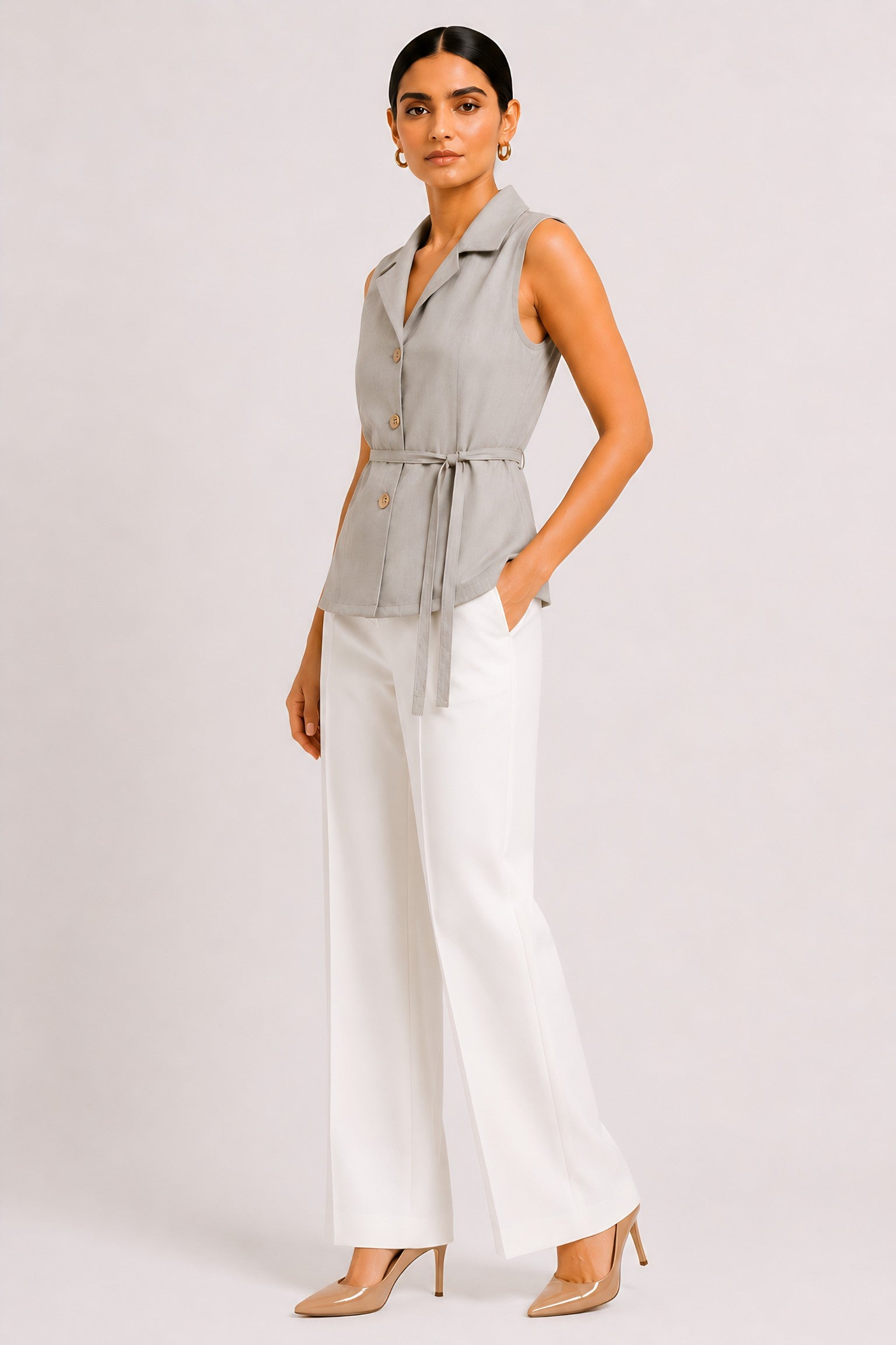 Beige Waist Tie Shirt