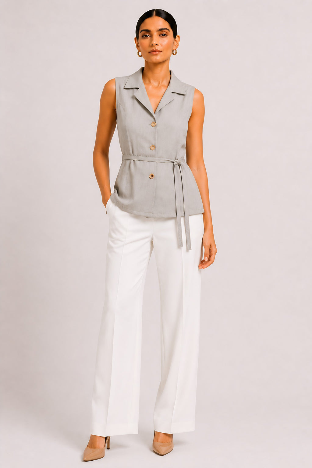 Beige Waist Tie Shirt