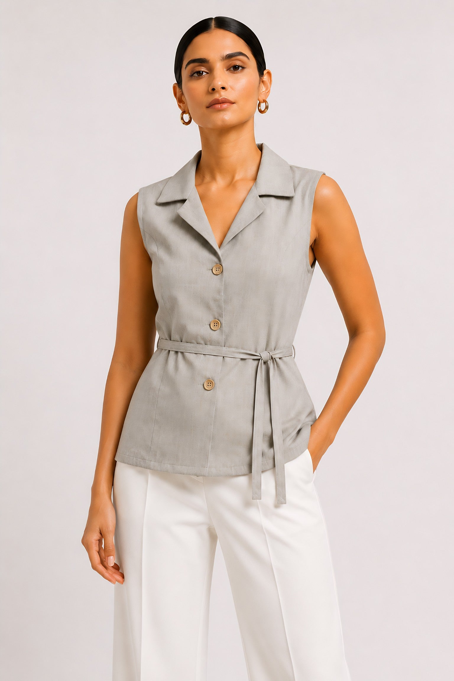 Beige Waist Tie Shirt