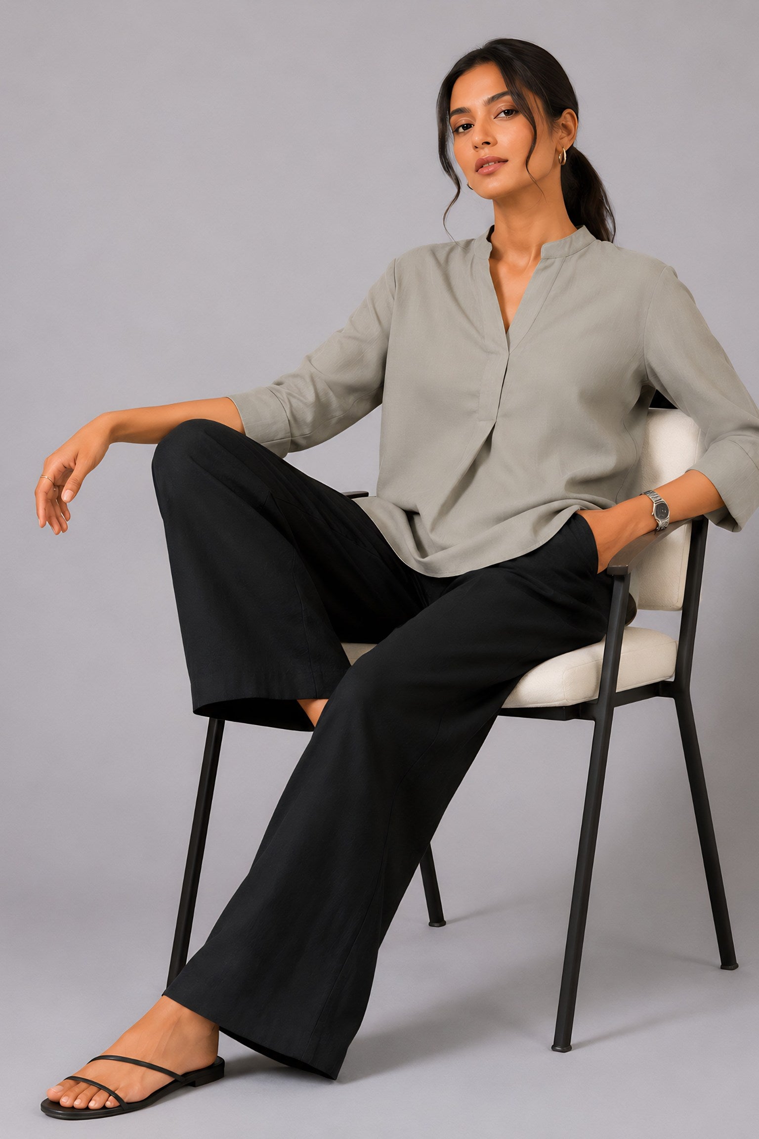 Beige Mandarin Collared Shirt