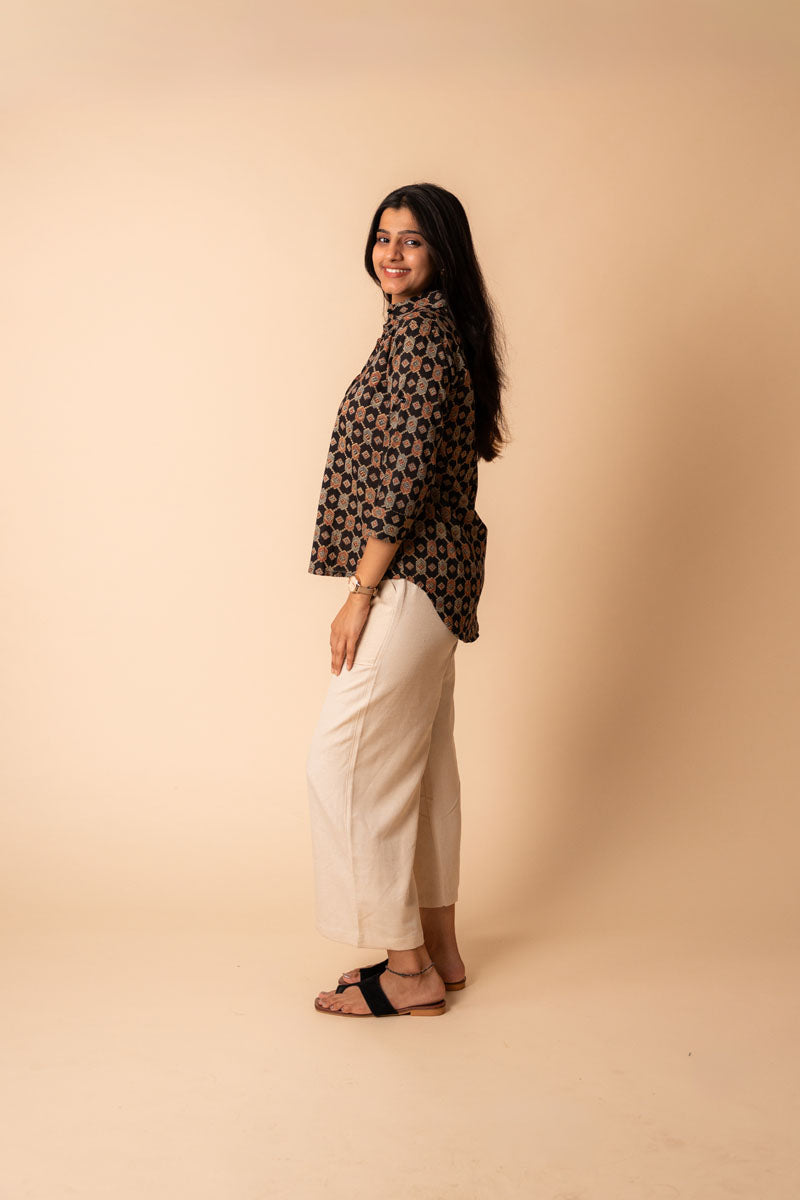 side profile of Black Ajrakh Cotton Shirt in a regular fit for office and workwear, women's tunic