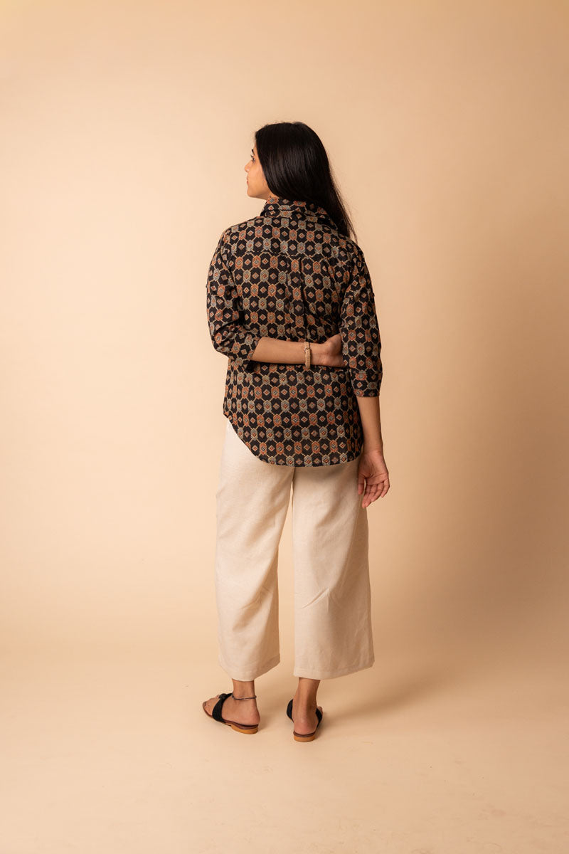 back view of Black Ajrakh Cotton Shirt in cotton with floral print, women's tunic