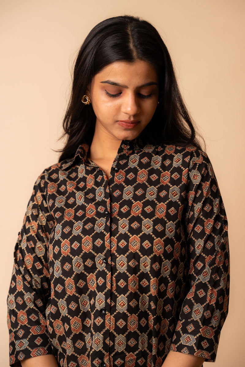 fabric detail of Black Ajrakh Cotton Shirt with shirt-collar with 3/4 sleeve, women's tunic