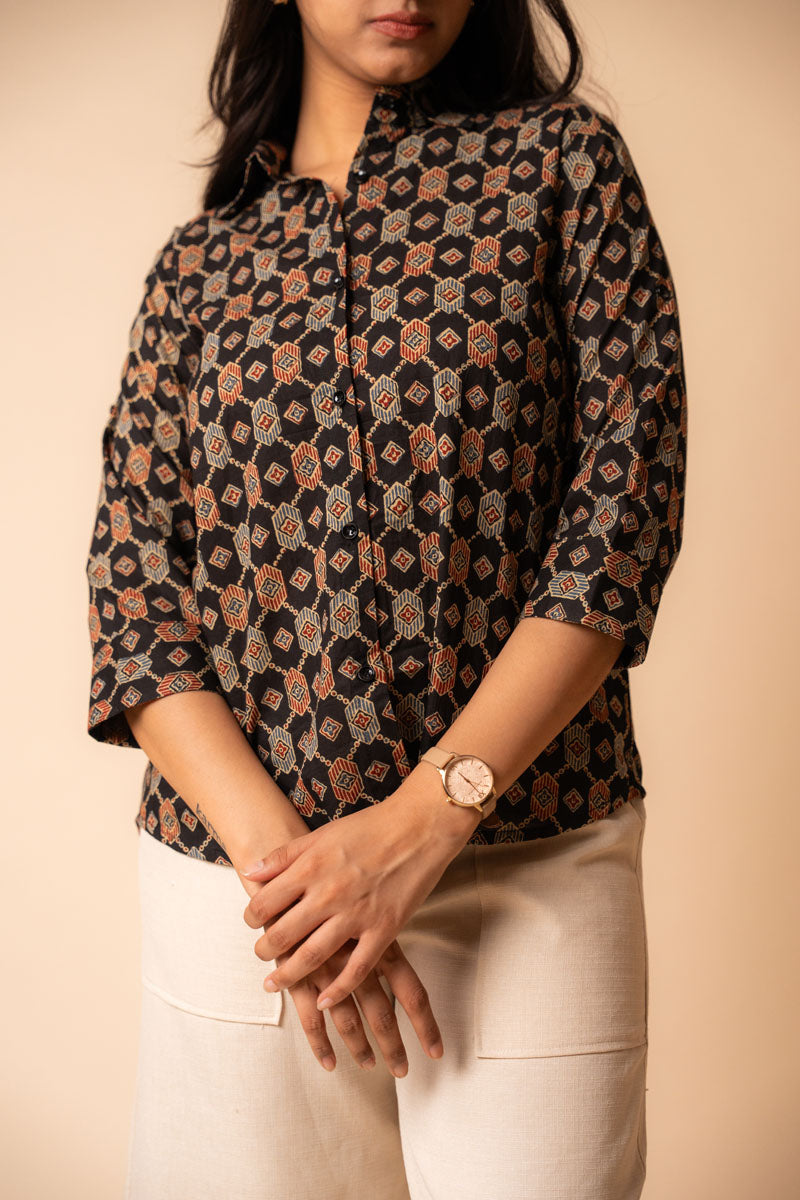 neckline detail of Black Ajrakh Cotton Shirt in a regular fit for office and workwear, women's tunic
