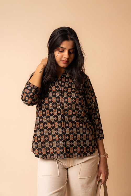 Black Ajrakh Cotton Shirt women's tunic in cotton with floral print