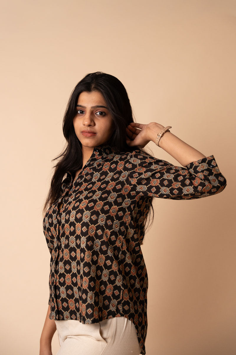 sleeve detail of Black Ajrakh Cotton Shirt in cotton with floral print, women's tunic