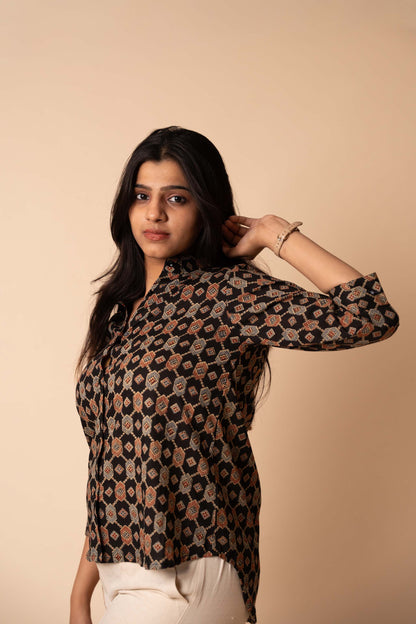 Black Ajrakh Printed Cotton Shirt