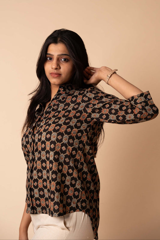 Black Ajrakh Printed Cotton Shirt