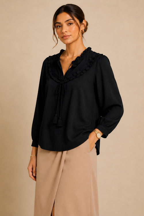 Black Frill Trimmed Shirt women's tunic in bubble-crepe with round neck