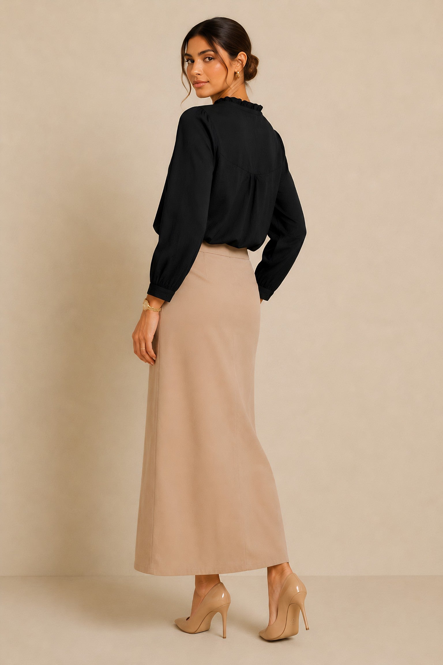 side profile of Black Frill Trimmed Shirt for everyday wear, women's tunic