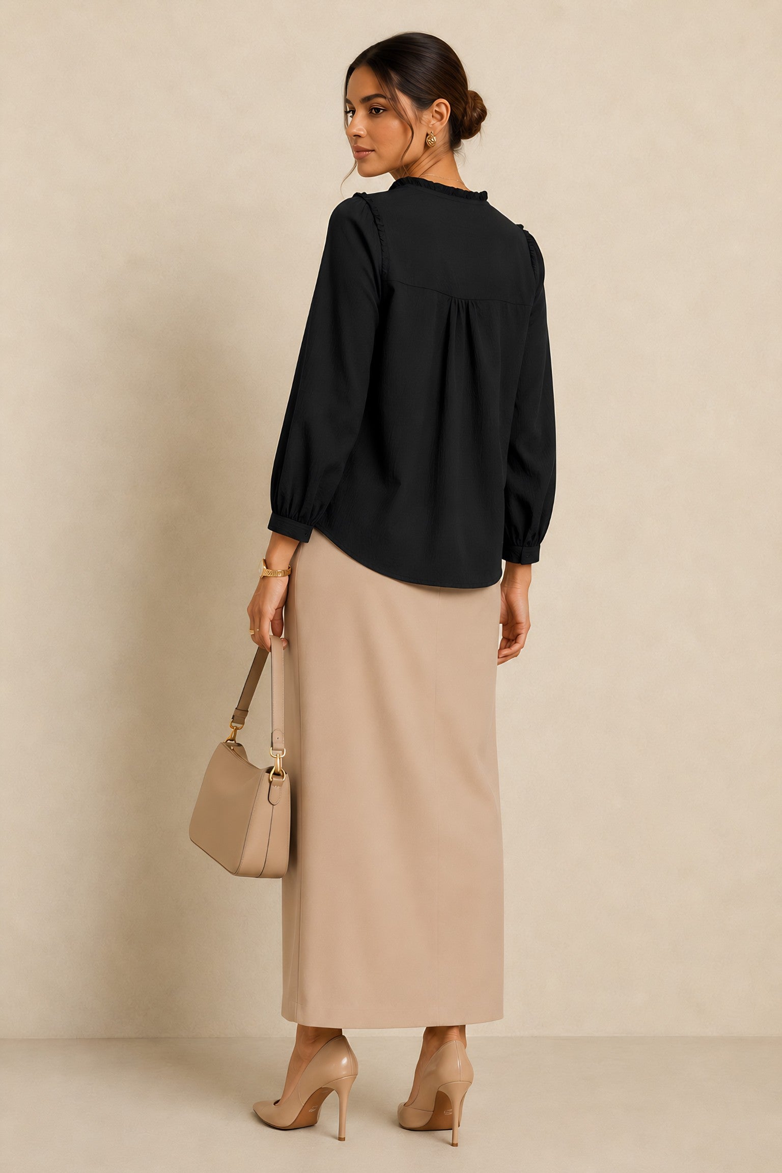 fabric detail of Black Frill Trimmed Shirt with full sleeve featuring sleeve cuffs, women's tunic