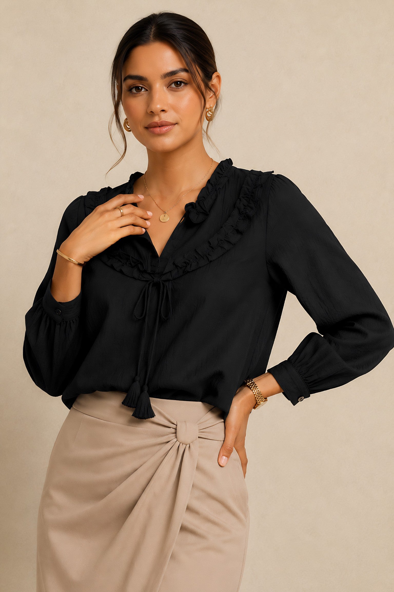 neckline detail of Black Frill Trimmed Shirt for everyday wear, women's tunic