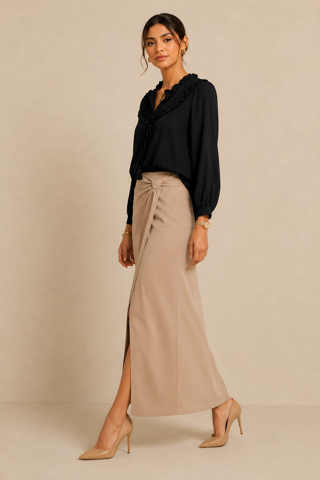 sleeve detail of Black Frill Trimmed Shirt in bubble-crepe with round neck, women's tunic