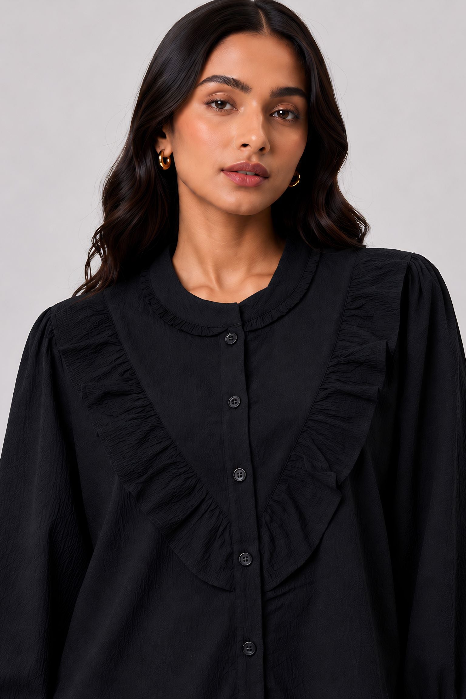 side profile of Black Ruffle Shirt for everyday wear, women's tunic
