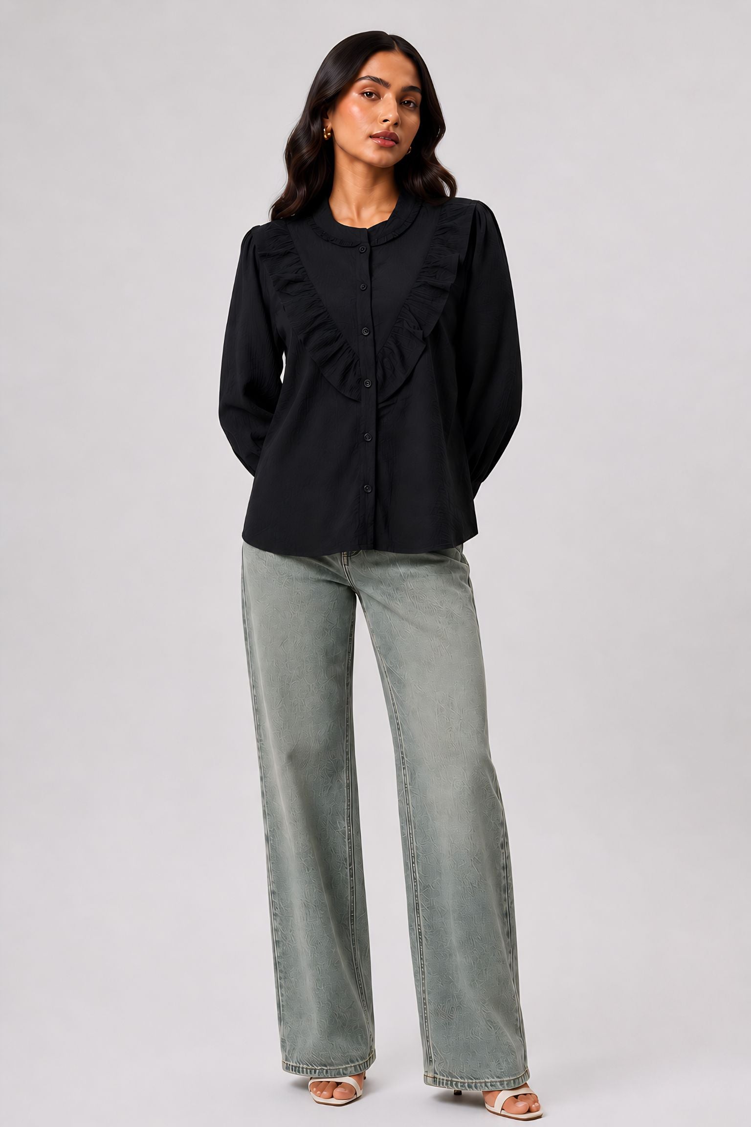 back view of Black Ruffle Shirt in crepe with mandarin collar, women's tunic