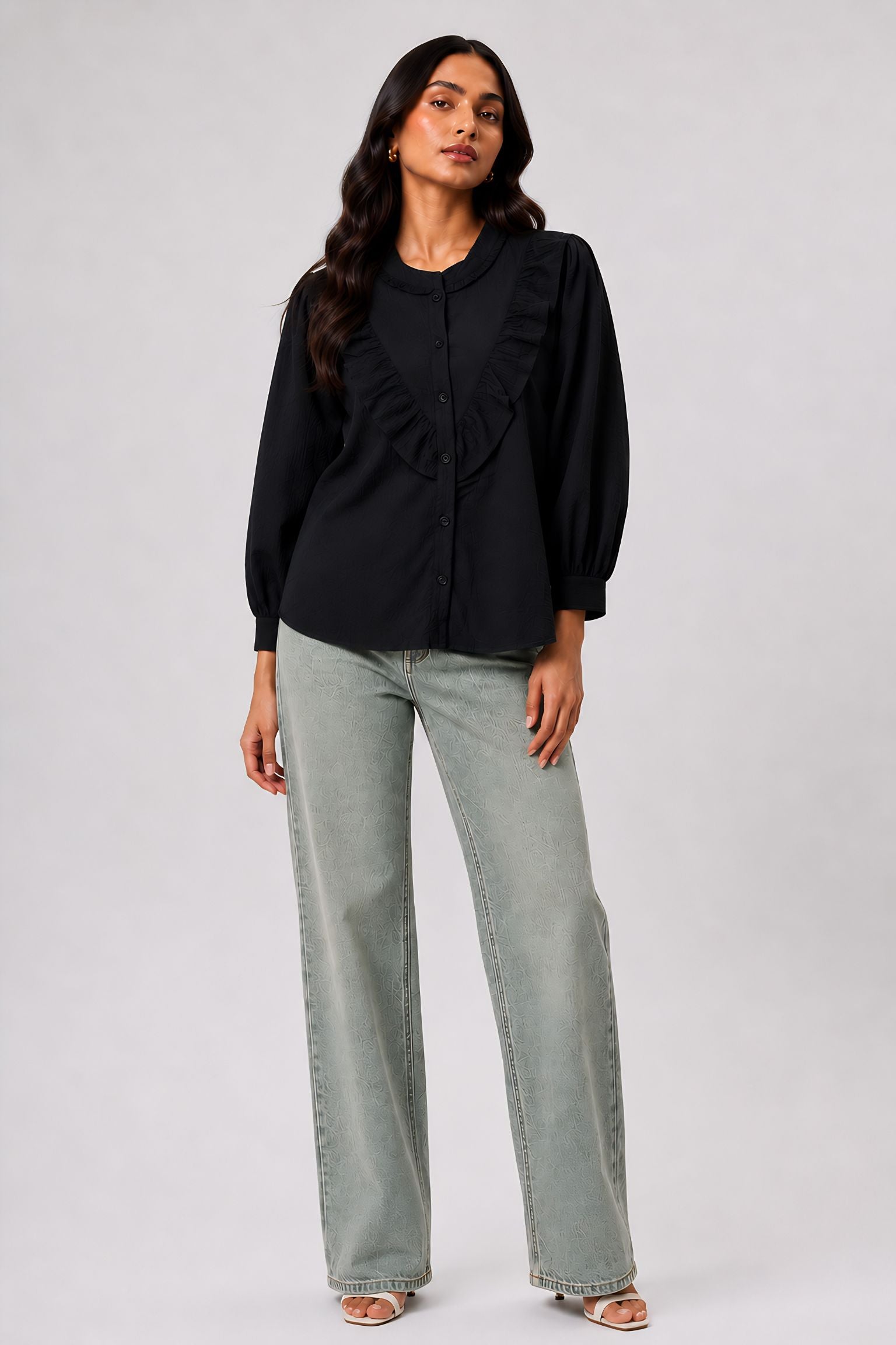 fabric detail of Black Ruffle Shirt with full sleeve featuring button-up front, women's tunic