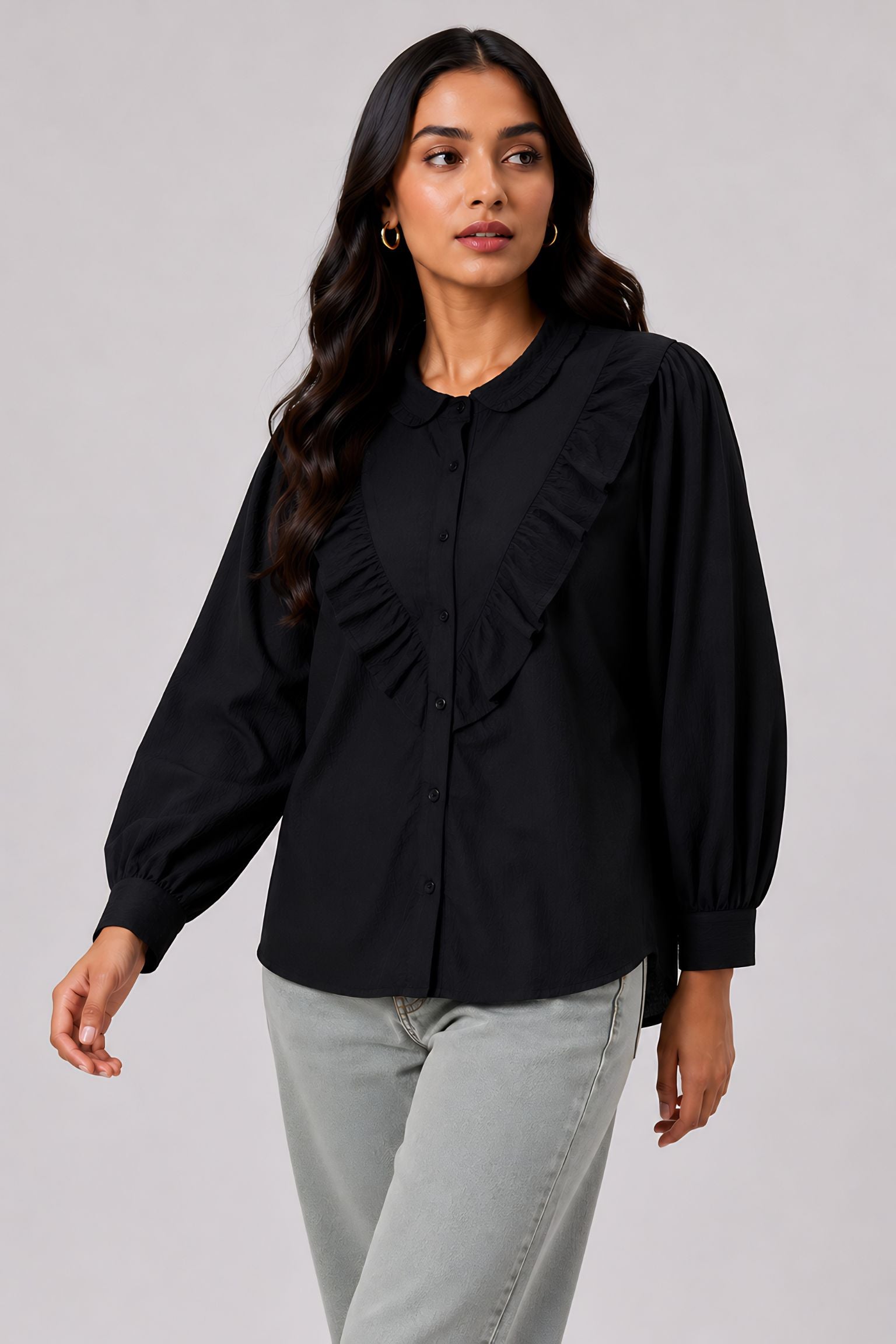 Black Ruffle Shirt women's tunic in crepe with mandarin collar
