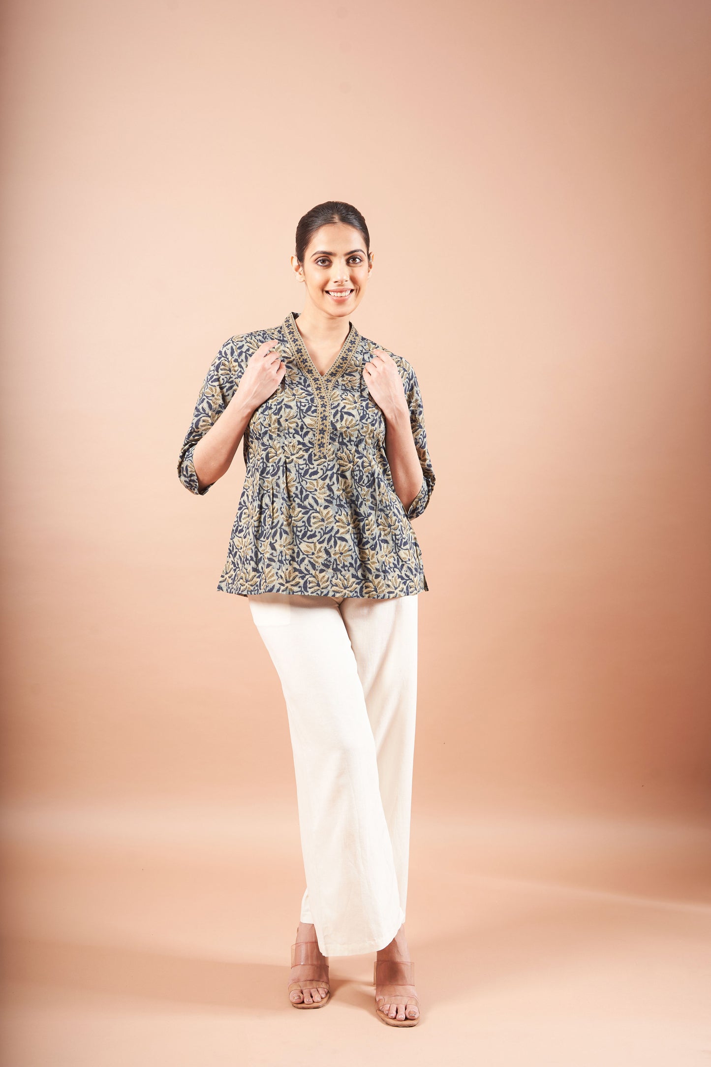 Green Ajrakh Straight Cotton Top