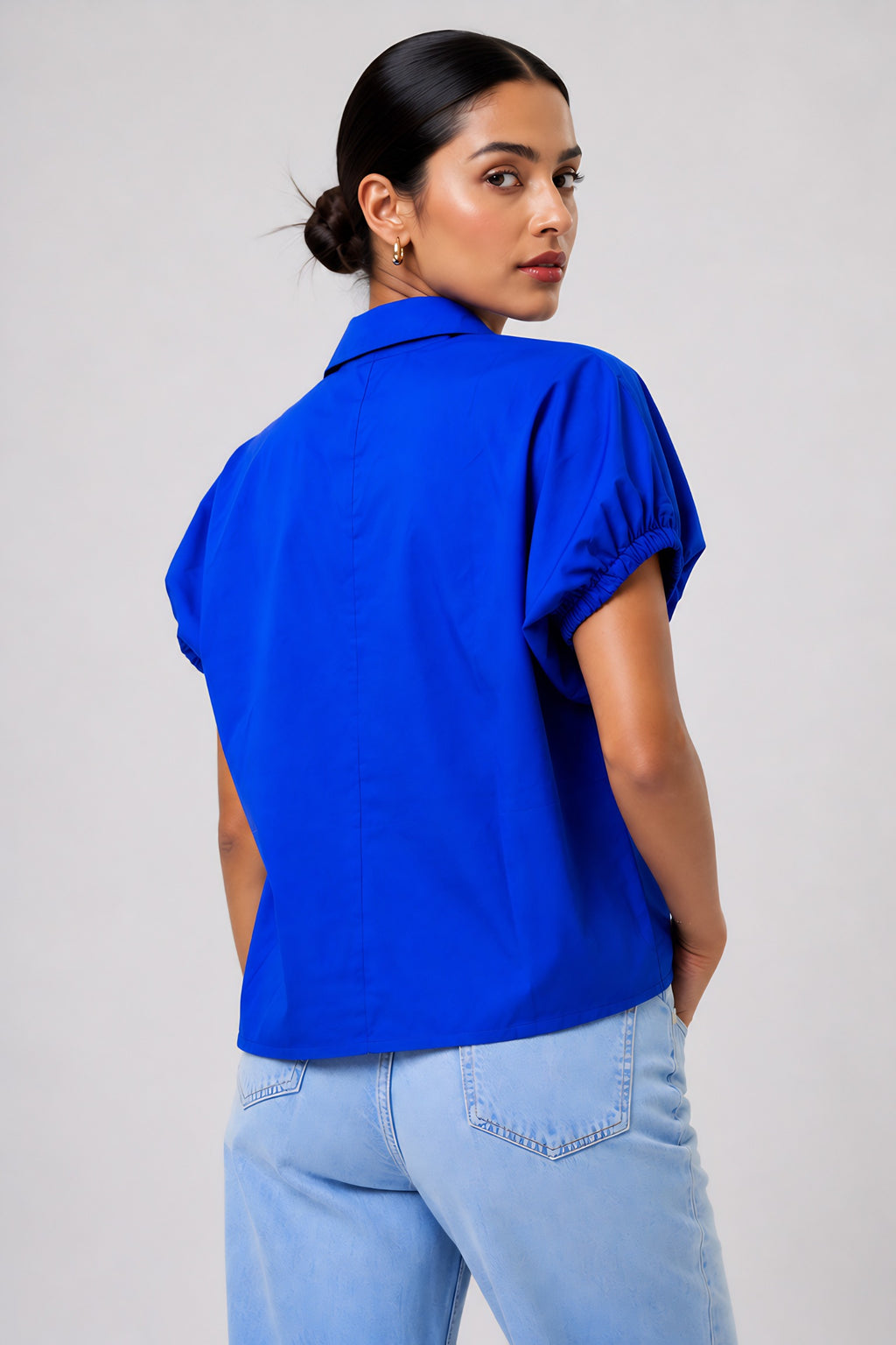 back view of Blue Poplin Collared Shirt in cotton with solid colour, women's tunic