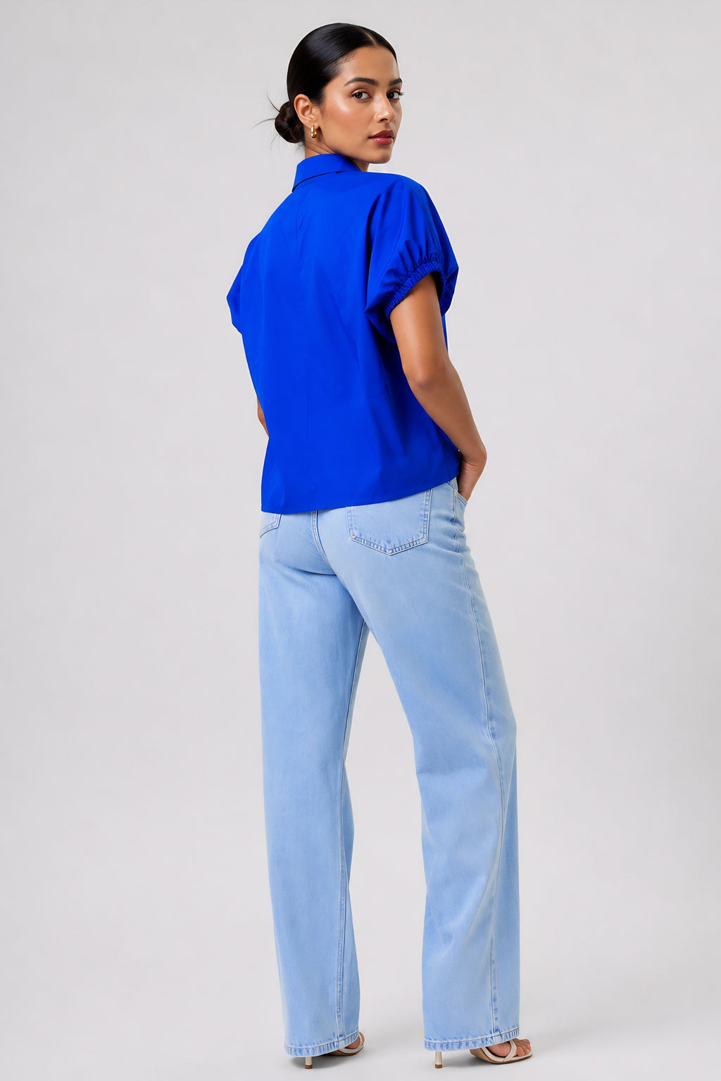 fabric detail of Blue Poplin Collared Shirt with collared-v-neck featuring gathered detail, women's tunic