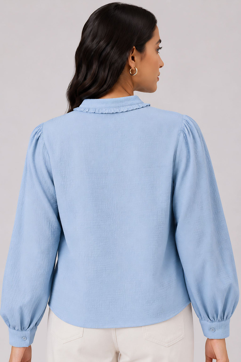 side profile of Blue Ruffle Shirt for everyday wear, women's tunic