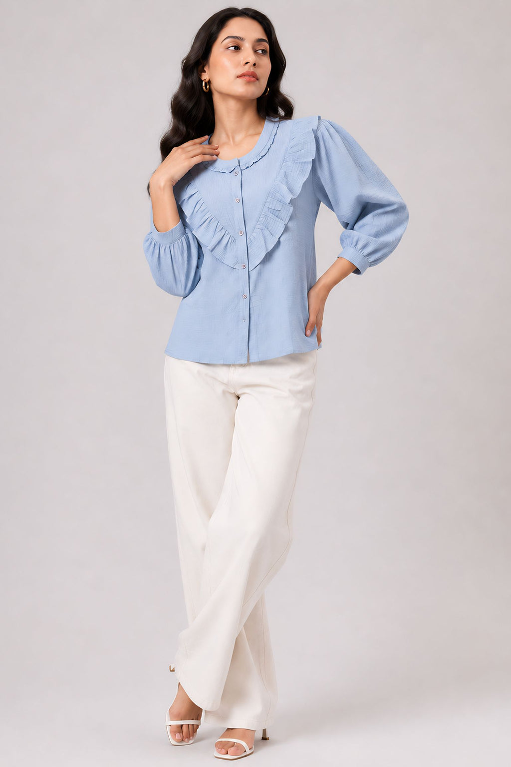 fabric detail of Blue Ruffle Shirt with full sleeve featuring button-up front, women's tunic