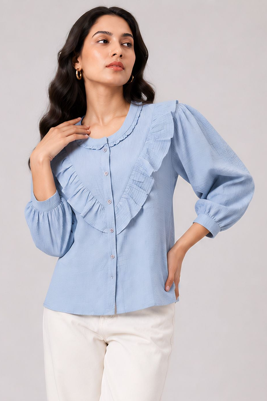 Blue Ruffle Shirt women's tunic in crepe with mandarin collar