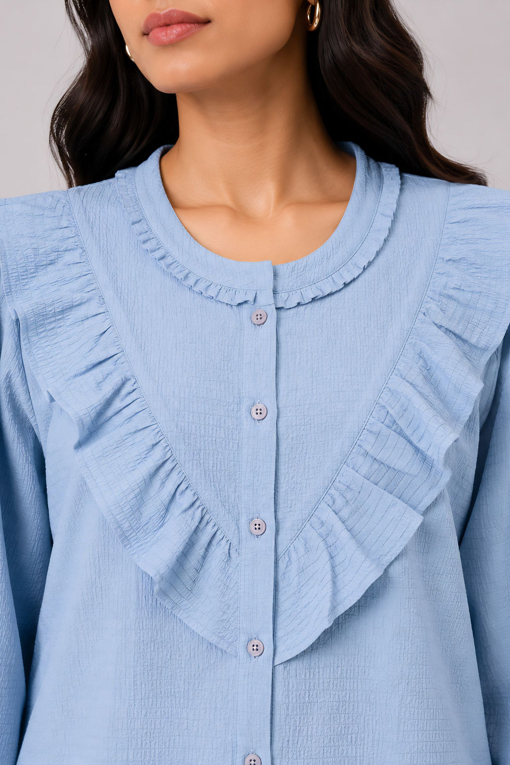 back view of Blue Ruffle Shirt in crepe with mandarin collar, women's tunic