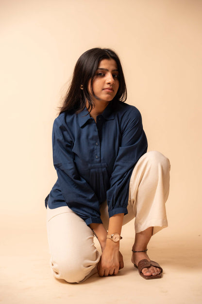 Blue Solid Flex Cotton Top
