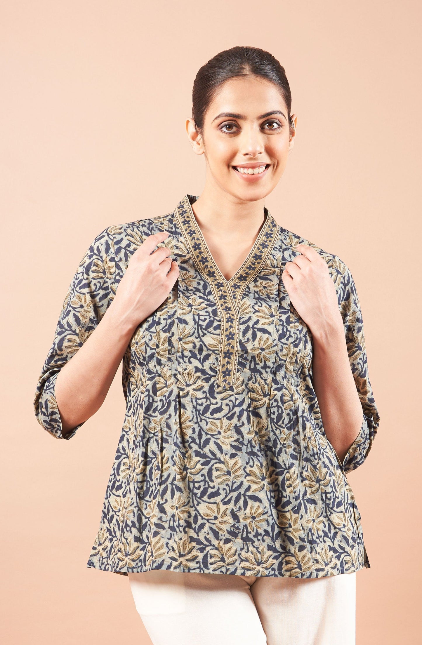 Green Ajrakh Straight Cotton Top