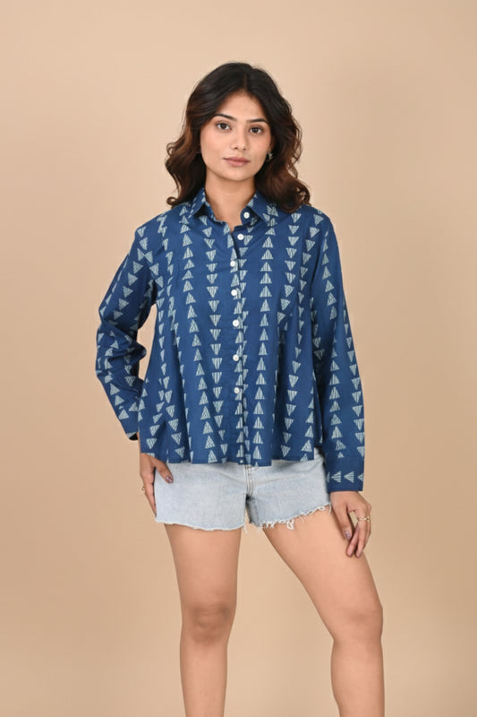Blue Geometric Pleated Shirt