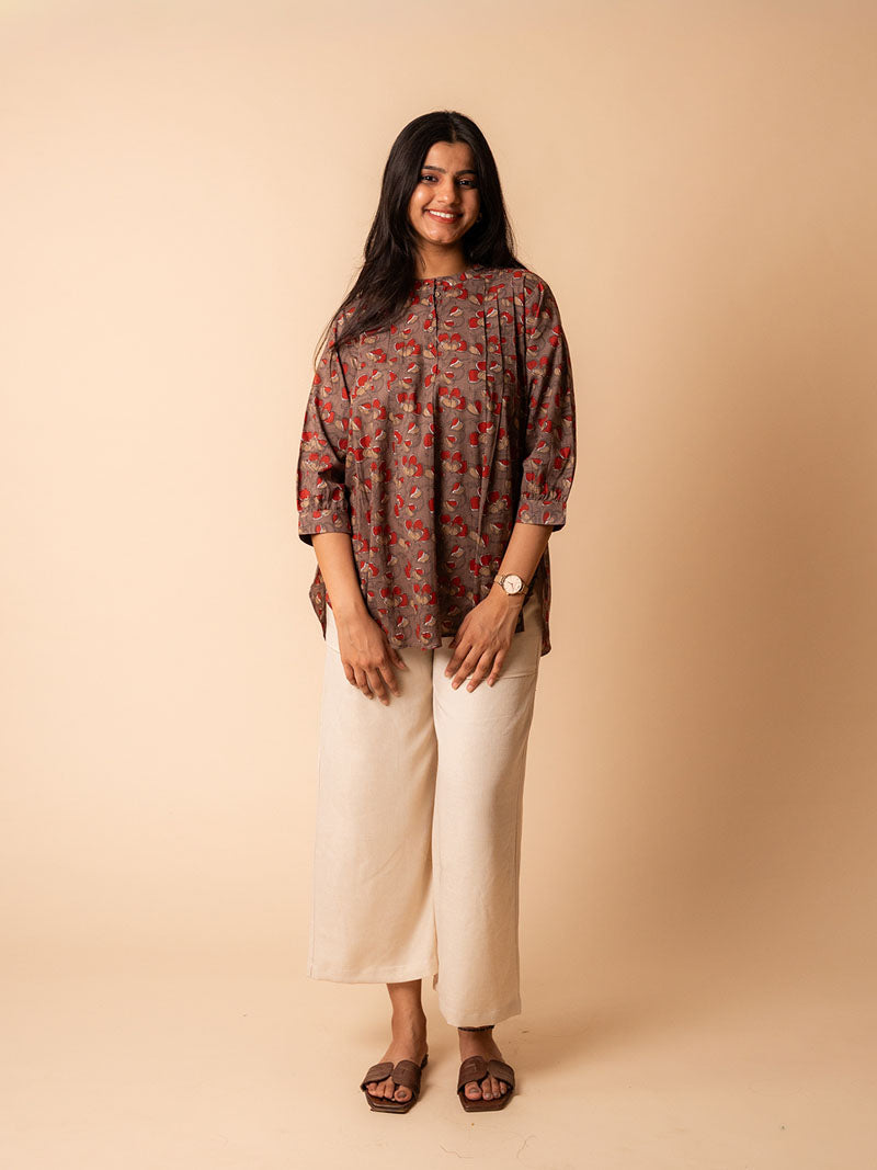 Brown Mandarin Cotton  Shirt