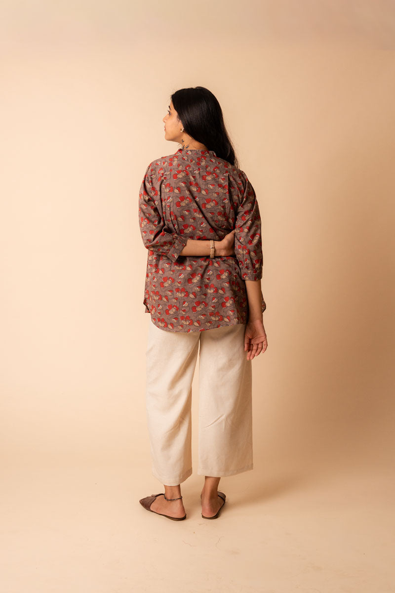 Brown Mandarin Cotton  Shirt