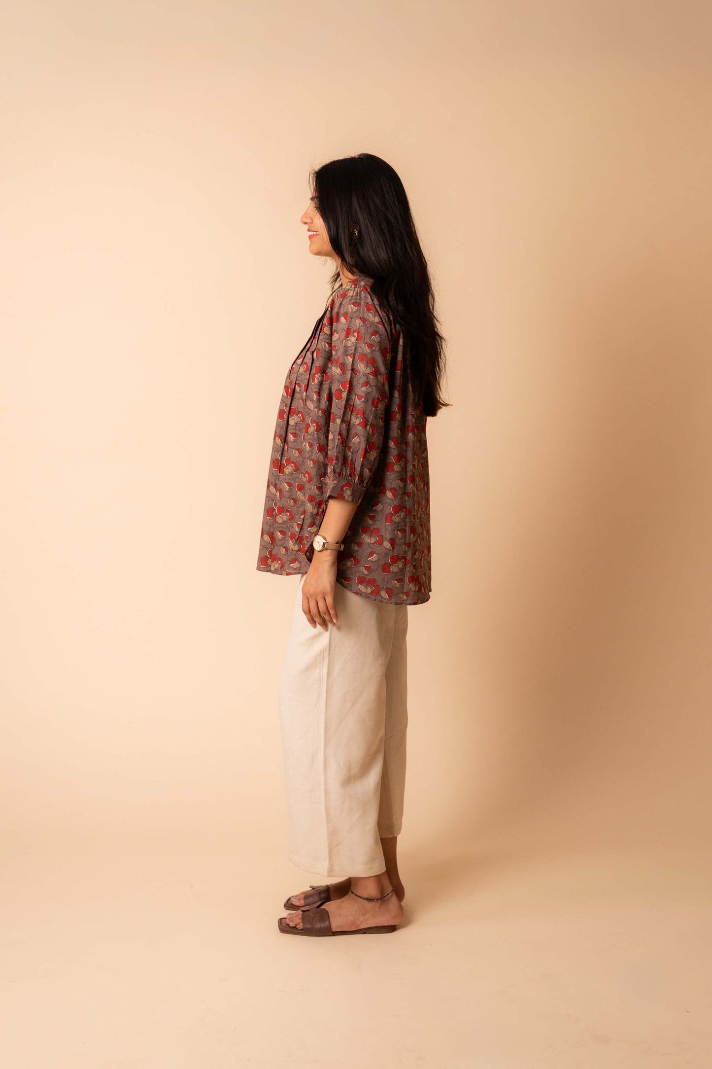 Brown Mandarin Collar Cotton  Shirt