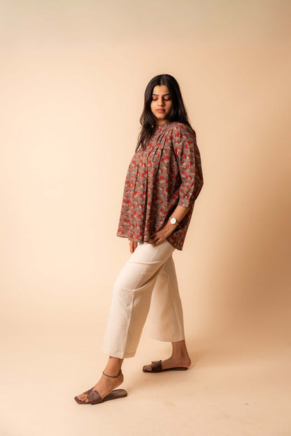 Brown Mandarin Collar Cotton  Shirt