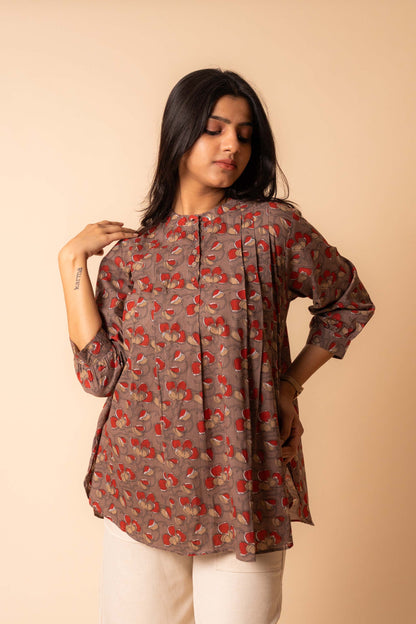 Brown Mandarin Collar Cotton  Shirt