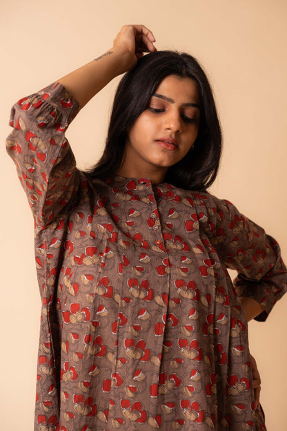 Brown Mandarin Collar Cotton  Shirt