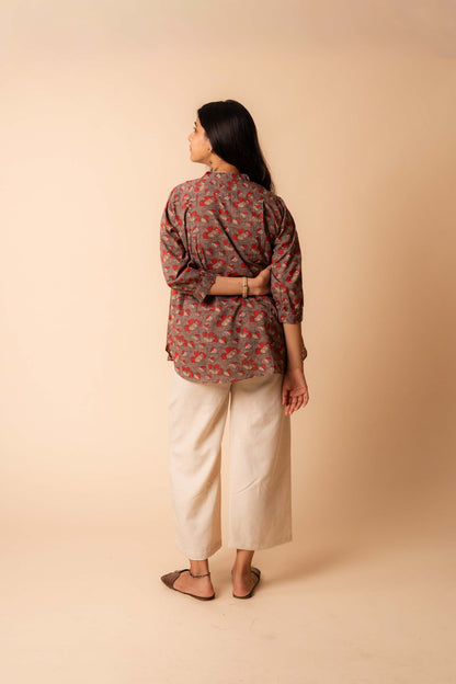 Brown Mandarin Collar Cotton  Shirt