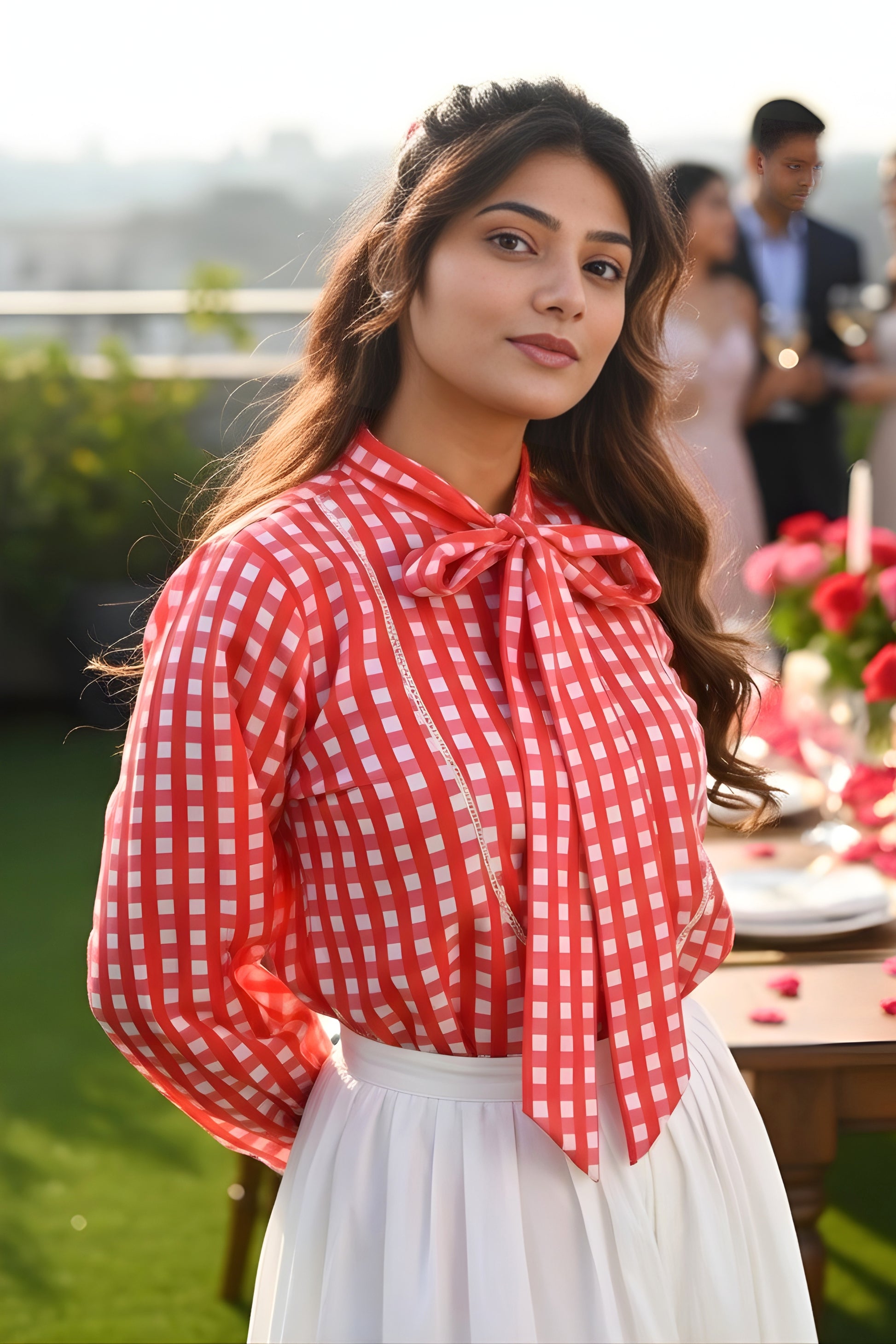 Cherry Muse Bow Tie Gingham Checks Shirt Women's Tops For Valentine's Day