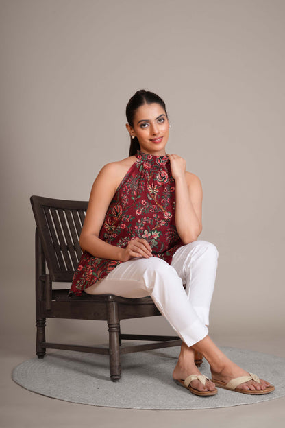 Crimson Red Floral Cotton Halter Top