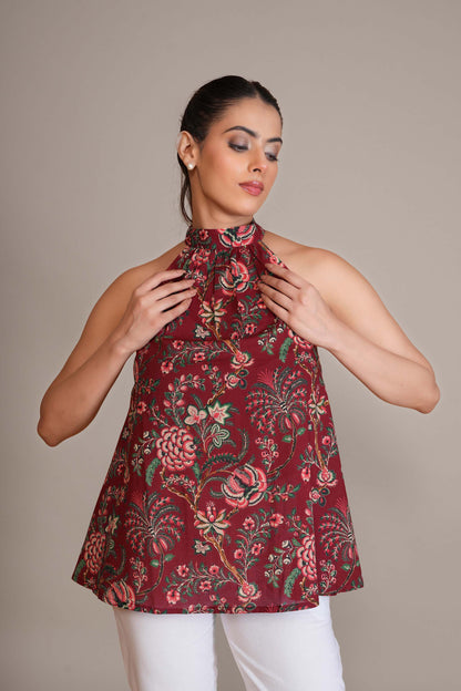 Crimson Red Floral Cotton Halter Top