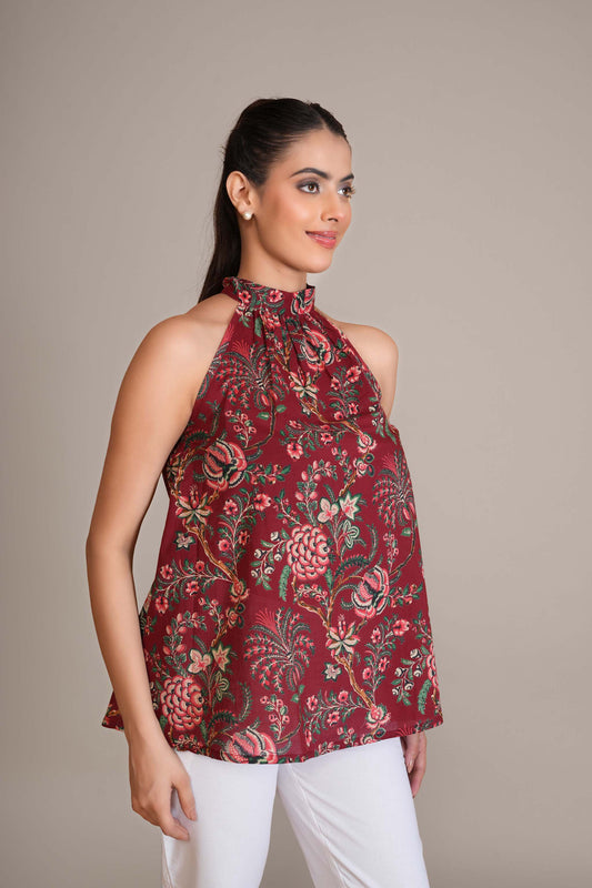 Crimson Red Floral Cotton Halter Top