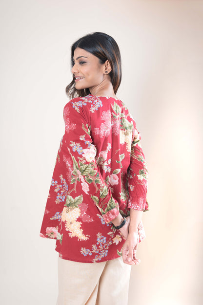 Deep Red Floral Printed Tunic Top
