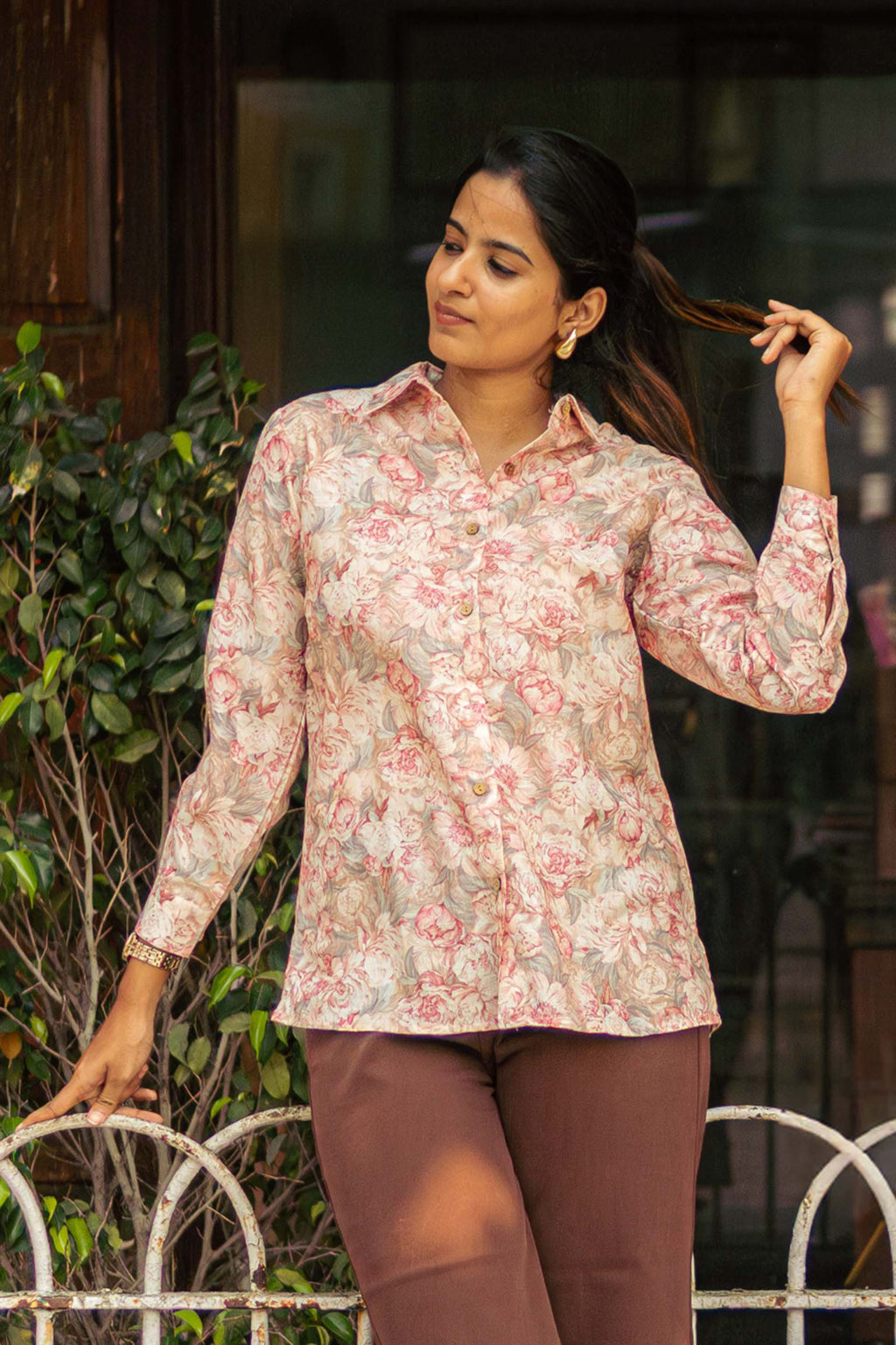 Dusty Rose Printed Shirt women's tunic in cotton with floral print